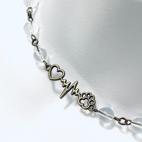 Genuine Clear Quartz Short Necklace,Bronze Paw Print Heart Beat Natural Gemstone - Picture 1 of 16